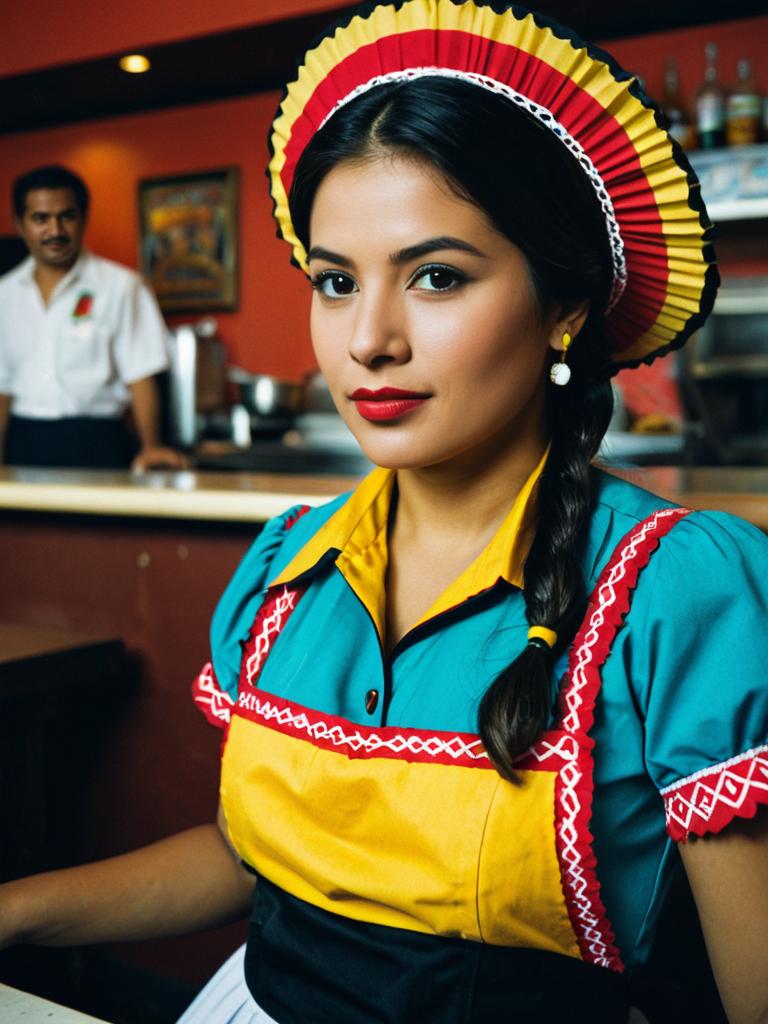 Mexican Waitress in Colorful Traditional Costume in Restaurant Setting