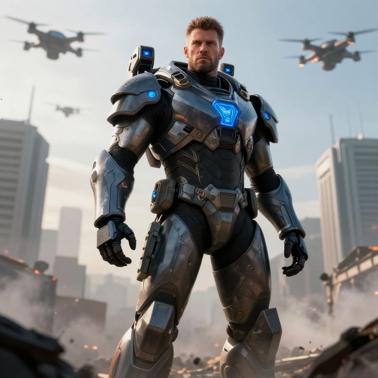 Futuristic Armored Man in Sci-Fi Exosuit with Drones in City