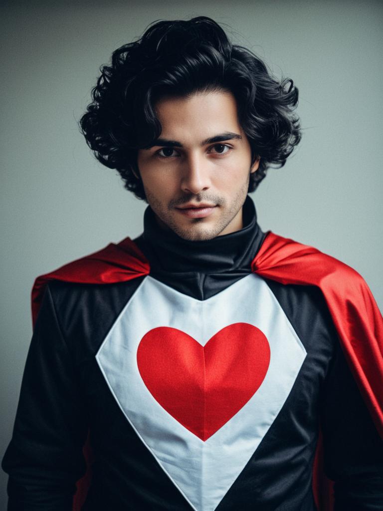 Man in Heart-Shaped Love Symbol Photorealistic Cosplay Costume Portrait