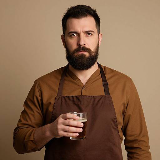 Bearded Man in Brown Apron Holding Glass of Beer