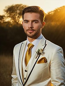 Man in Summer Wedding Outfit Photorealistic Outdoor Portrait at Golden Hour