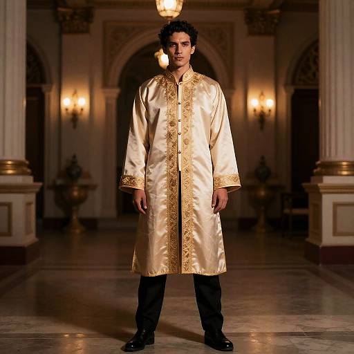 Man Wearing Traditional Golden Sherwani in Luxurious Palace