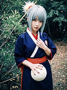 Realistic Temari Cosplay Woman Wearing Navy Kimono Costume with Silver Hair
