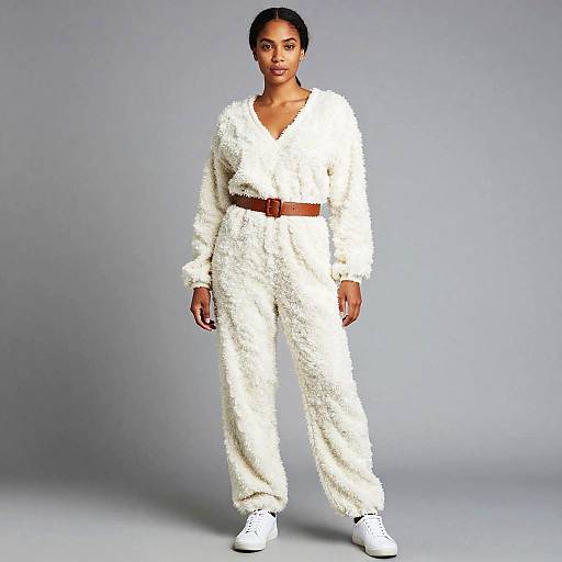 Stylish Woman in Cozy White Textured Jumpsuit with Brown Belt and White Sneakers