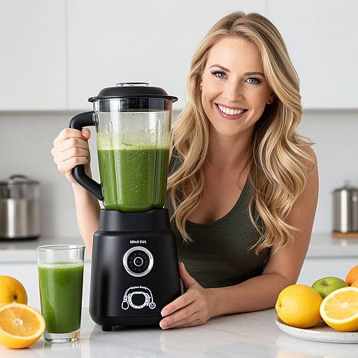 Woman Holding Blender with Green Smoothie in Modern Kitchen