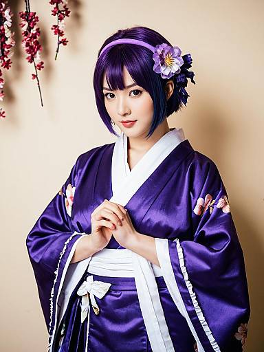 Woman in Purple Kimono with Floral Hair Accessory Inspired by Blue Archive Style