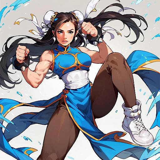 Dynamic Anime Style Martial Arts Woman in Blue Outfit Artwork