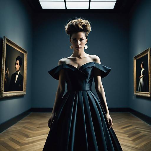 Elegant Woman in Black Gown at Art Gallery with Classic Portraits