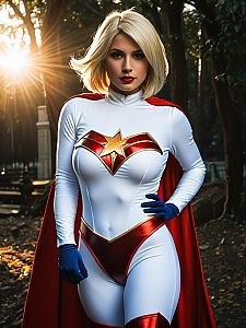 Realistic Power Girl Woman Cosplay Photo in White and Red Costume