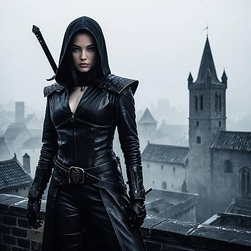 Dark Fantasy Woman Assassin in Black Leather Hood Overlooking Medieval Town