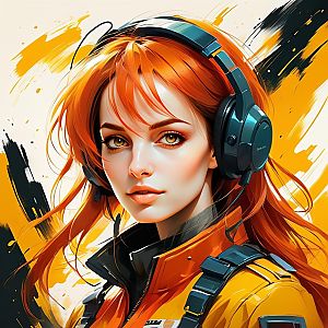 Confident Woman with Red Hair in Futuristic Headset and Yellow Jacket