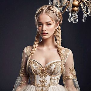 Elegant Young Woman in Intricate Gold Gown