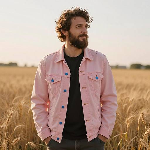 Man in Pink Jacket Standing in Wheat Field at Sunset