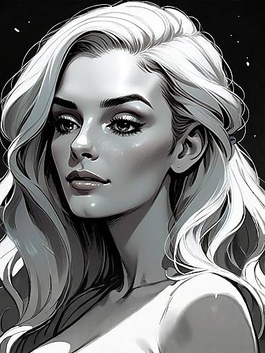 Monochrome Digital Portrait of Elegant Woman with Flowing Hair