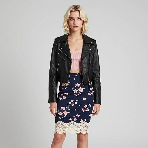 Young Woman Wearing Leather Jacket and Floral Lace Pencil Skirt Fashion