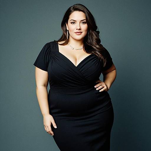 Plus Size Woman in Elegant Black Dressy Top Posing Confidently