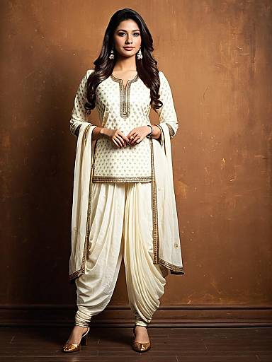 Elegant Woman in Traditional Cream Dhoti Suit Salwar Full Body Photo