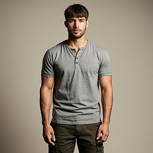 Young Man in Casual Grey Henley and Olive Cargo Pants