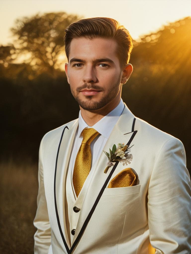 Man in Summer Wedding Outfit Photorealistic Outdoor Portrait at Golden Hour