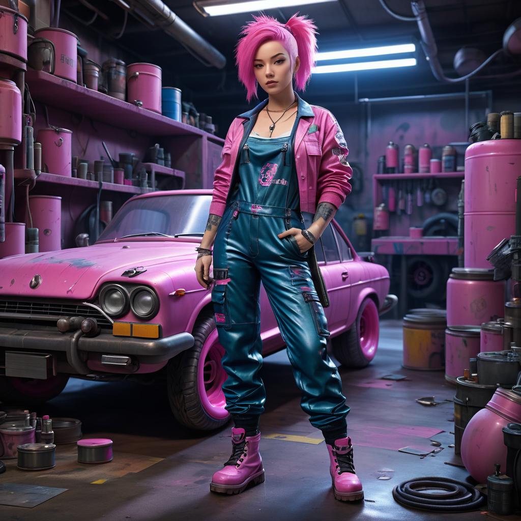 Striking Woman with Pink Hair in Blue Jumpsuit