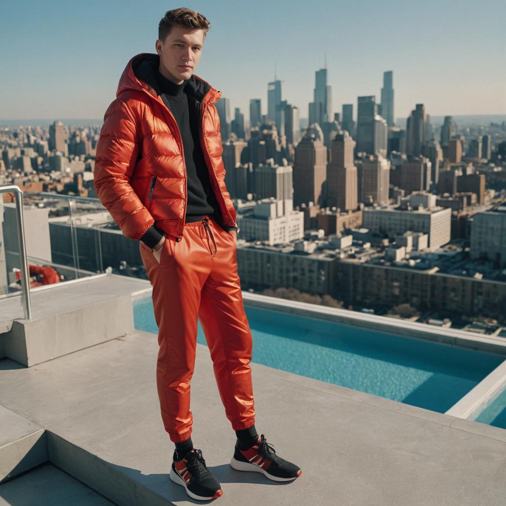 Stylish Man in Vibrant Red Outfit Against City Skyline