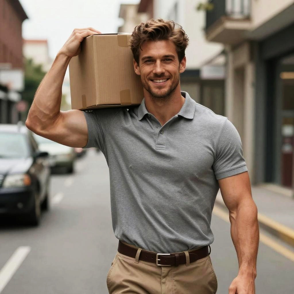 Smiling Young Man Carrying Cardboard Box on Urban Street