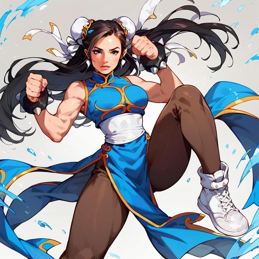 Dynamic Anime Style Martial Arts Woman in Blue Outfit Artwork