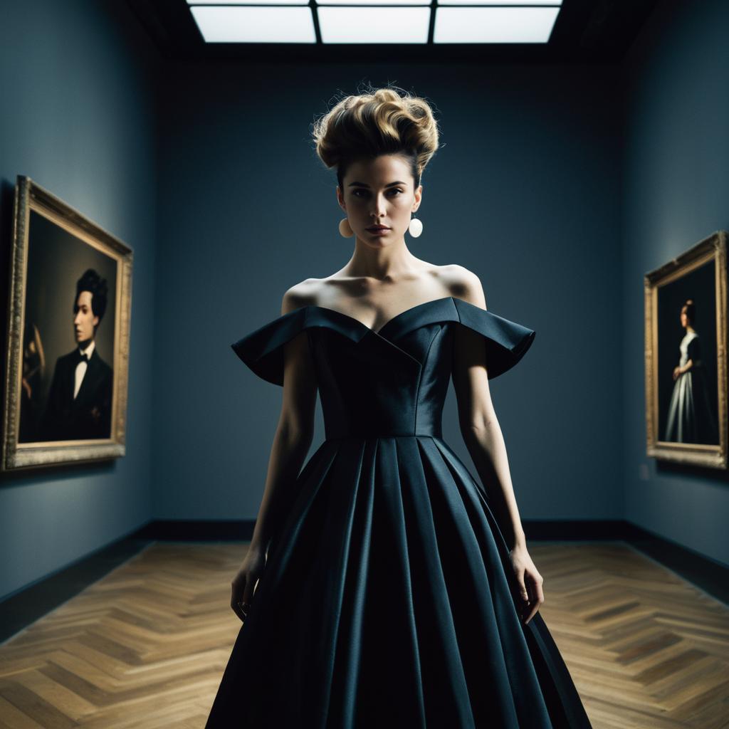 Elegant Woman in Black Gown at Art Gallery with Classic Portraits
