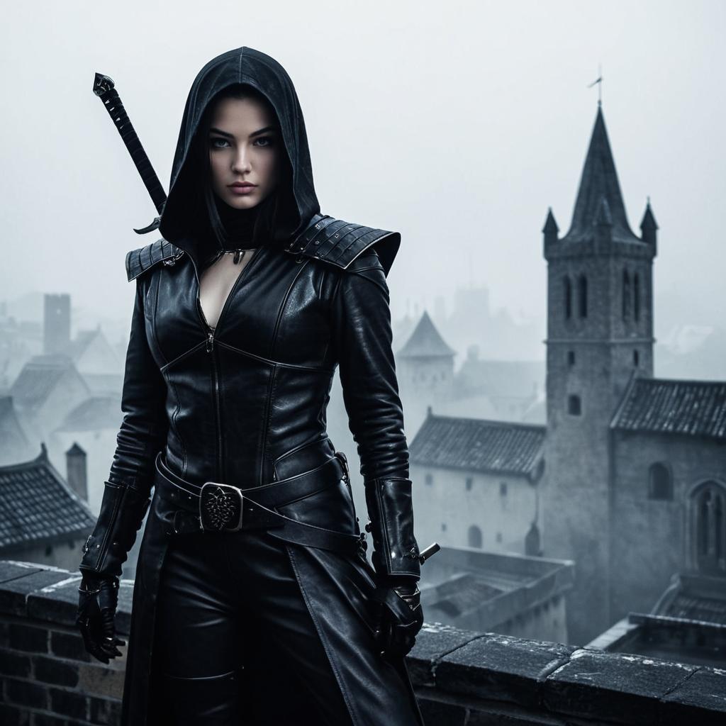 Dark Fantasy Woman Assassin in Black Leather Hood Overlooking Medieval Town