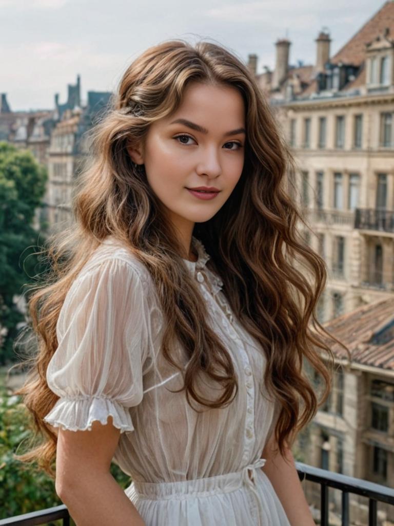 Elegant Woman in Sheer Dress Against European Architecture