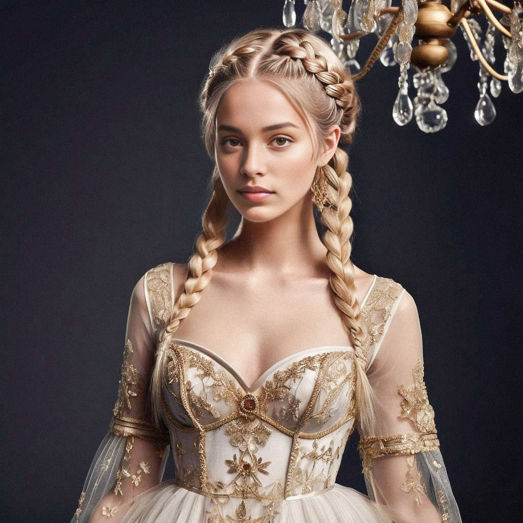 Elegant Young Woman in Intricate Gold Gown Elegant Young Woman in Intricate Gold Gown