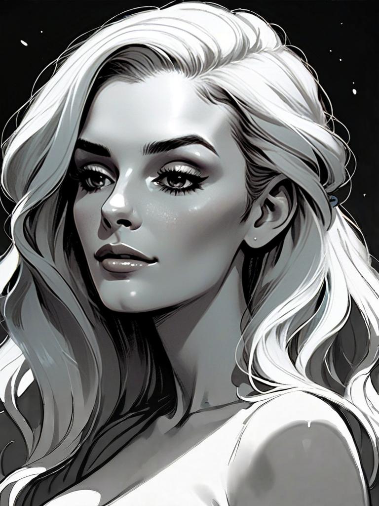 Monochrome Digital Portrait of Elegant Woman with Flowing Hair