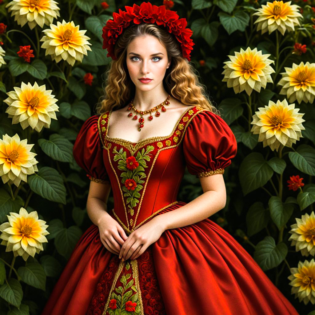 Woman in Red Gown Among Sunflowers