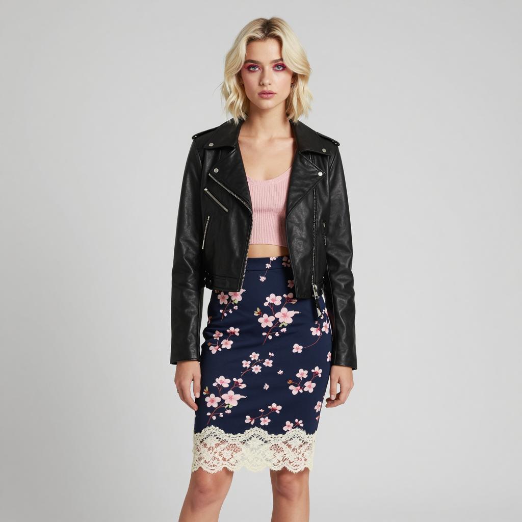 Young Woman Wearing Leather Jacket and Floral Lace Pencil Skirt Fashion
