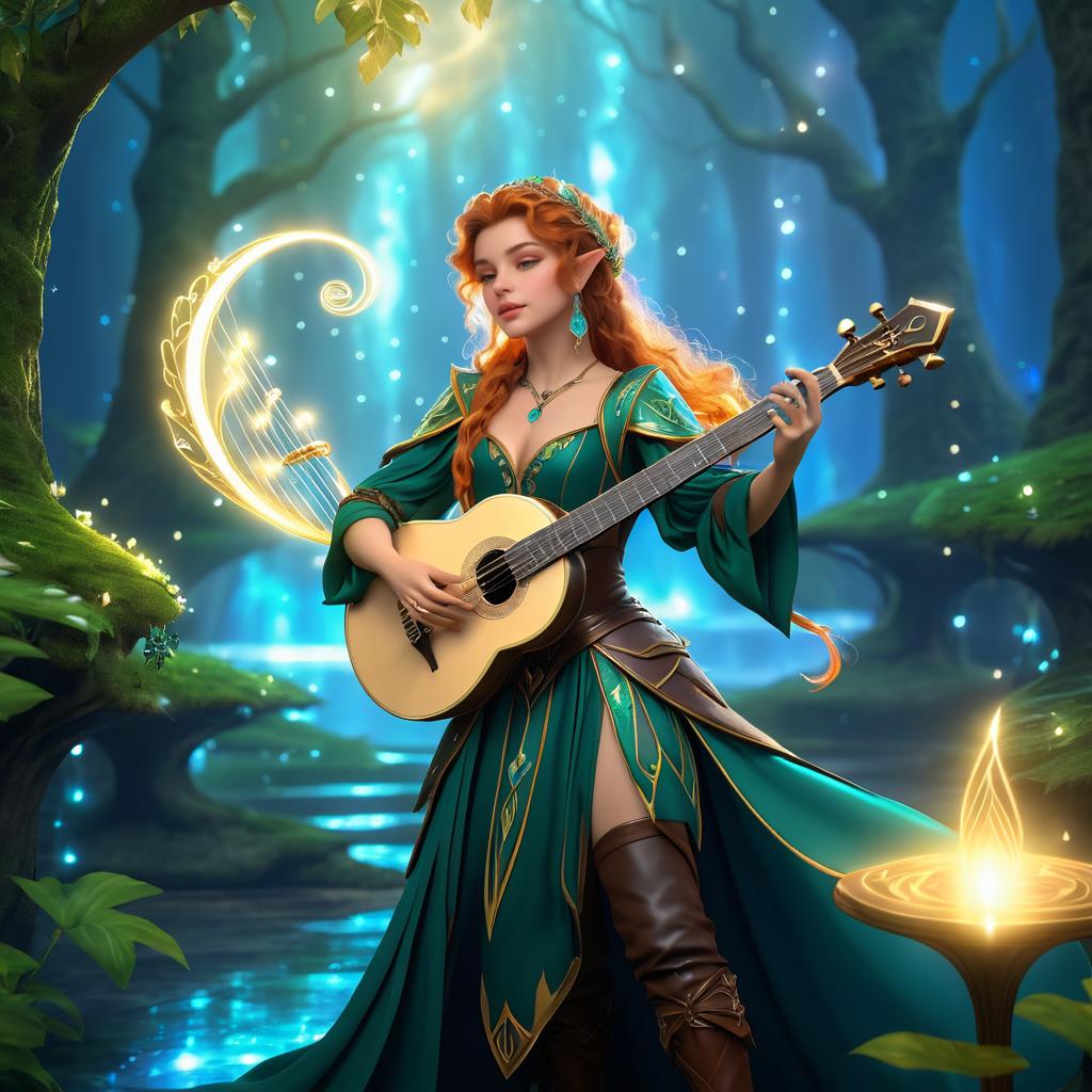 Woman in Green Gown Playing Guitar in Enchanted Forest