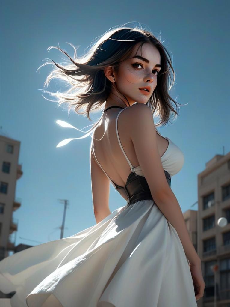 Elegant Woman in White Dress Outdoors
