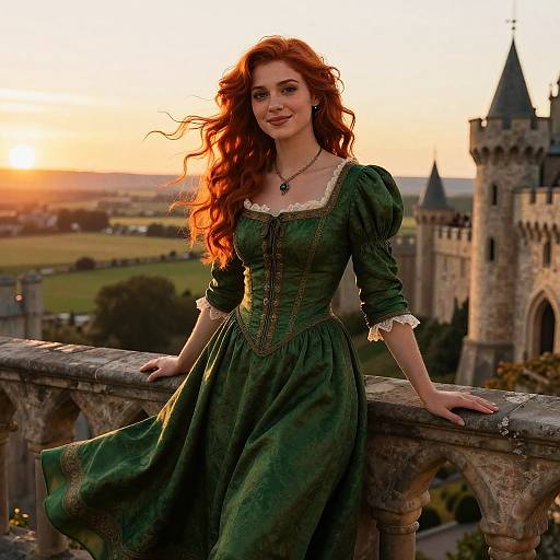 Red-Haired Woman in Medieval Green Dress at Sunset by Castle