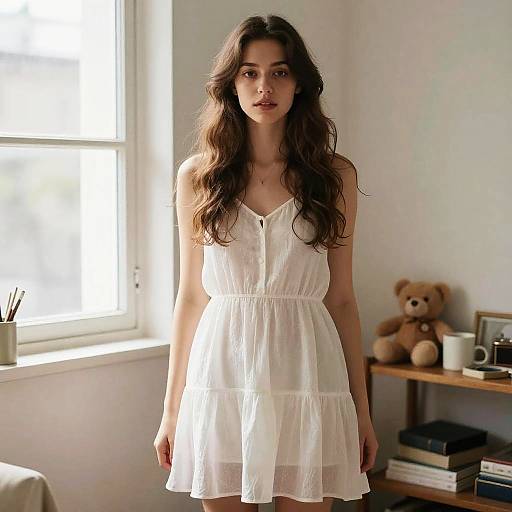 Young Woman in White Summer Dress Standing by Window in Cozy Room