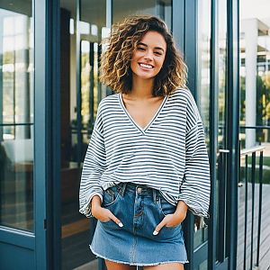 Cheerful young woman outdoors in casual attire