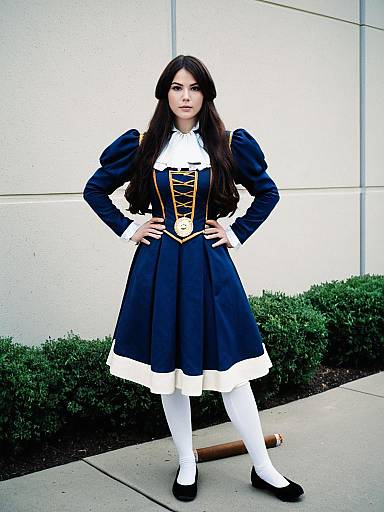Woman in Regal Navy Blue Historical Costume with Gold Detailing