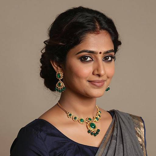 Elegant South Asian Woman in Traditional Saree and Green Gemstone Jewelry