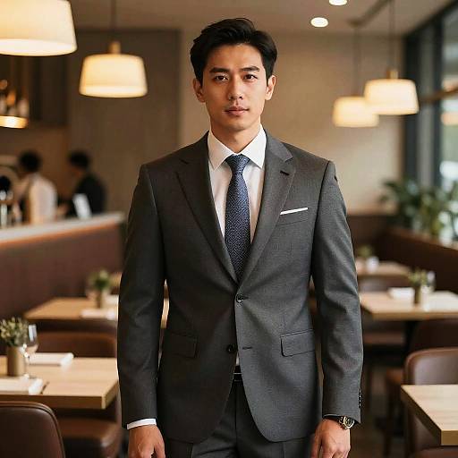 Man in Professional Gray Suit and Tie Standing in Restaurant