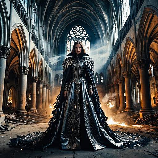 Epic Woman in Dark Fantasy Gown Inside Gothic Cathedral