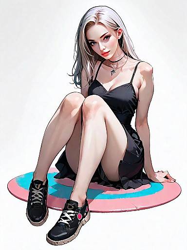 Realistic Comic Style Digital Illustration of Woman in Black Dress and Sneakers