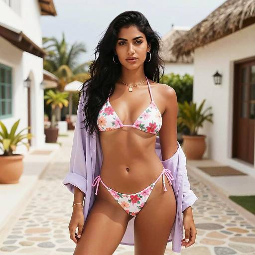 Confident Woman in Floral Pink Bikini with Lavender Shirt in Tropical Resort