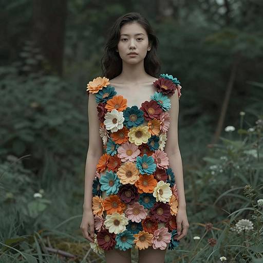 Young Woman Wearing Colorful Floral Dress in Nature