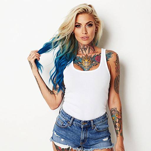 Tattooed Woman with Blue Ombre Hair in Casual White Tank and Denim Shorts