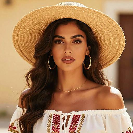 Elegant Woman Wearing Straw Hat and Embroidered Off-Shoulder Blouse