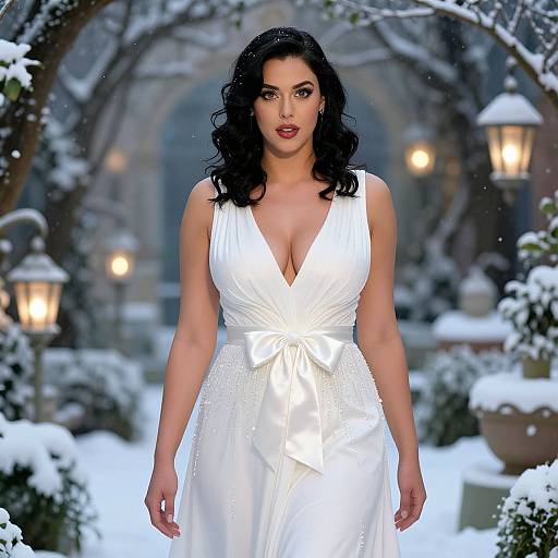 Elegant Woman in White Dress Outdoors in Snowy Garden