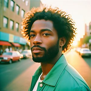 Confident Man with Curly Hair in Urban Sunset